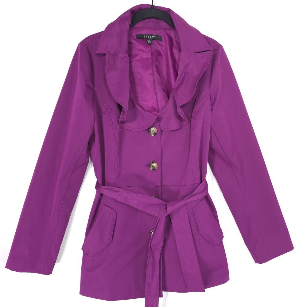 SANDRO Womens Trench Coat Belted Jacket MEDIUM Purple Pockets